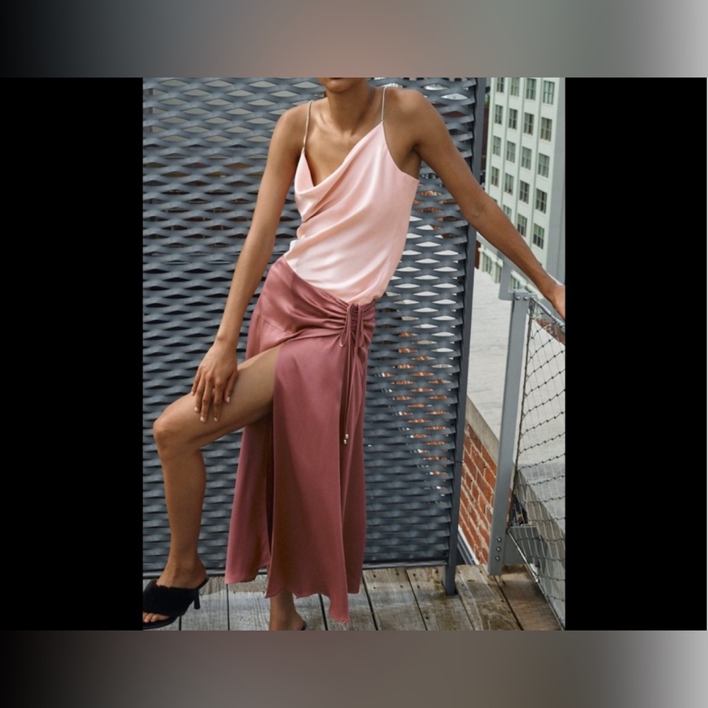 Zara Satin Effect Ruched Midi Skirt 100% Viscose Side Slit Rose Pink Size XS